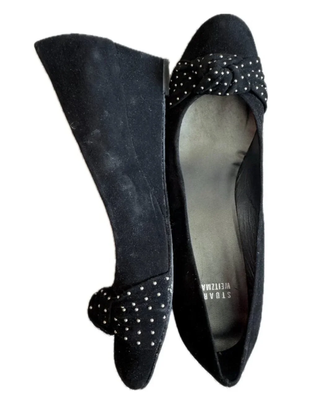 Stuart Weitzman Black Suede Wedge Studded Knot Toe Shoe Sz 10 N